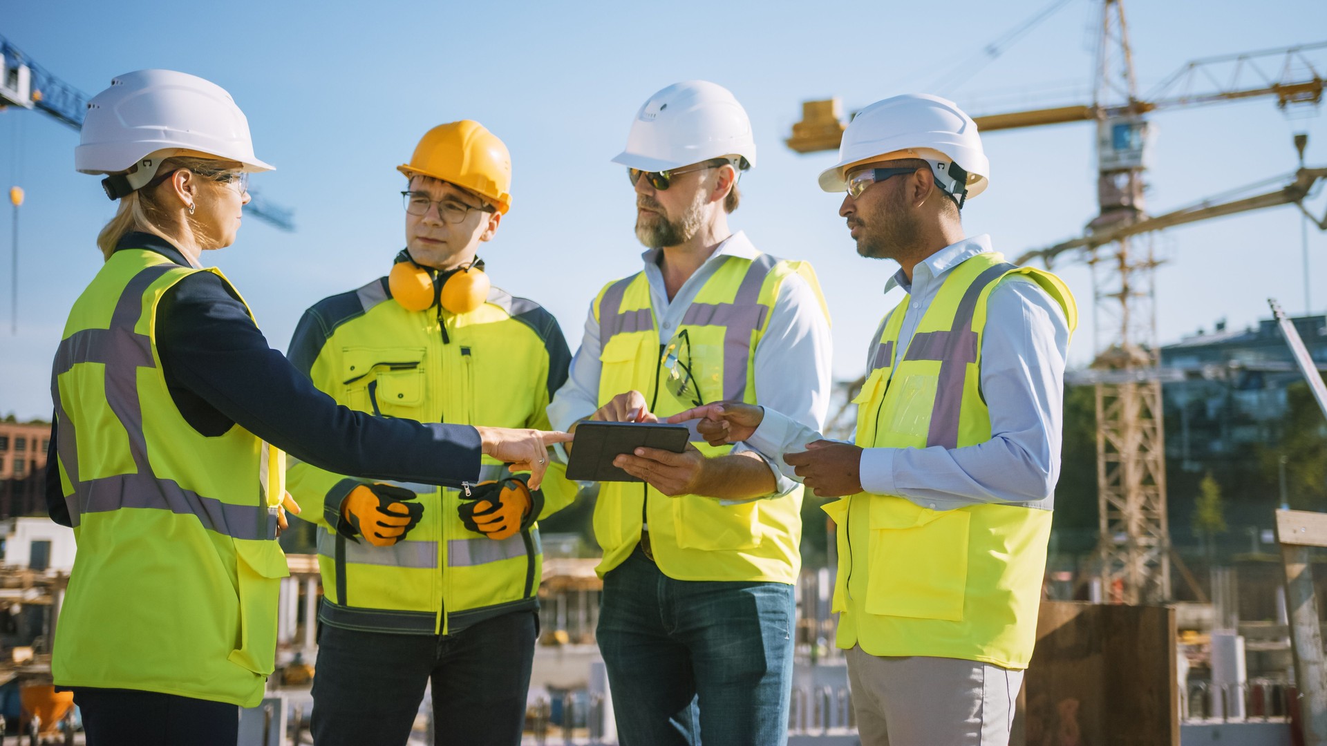 Diverse Team of Specialists Use Tablet Computer on Construction Site. Real Estate Building Project with Civil Engineer, Architect, Business Investor and General Worker Discussing Plan Details.